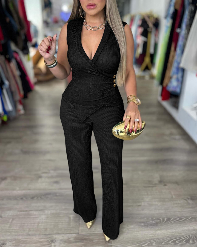 Overlap V-Neck Top and Wide-Leg Trouser Two-Piece - Apricot