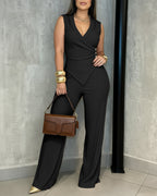 Overlap V-Neck Top and Wide-Leg Trouser Two-Piece - Apricot