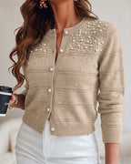 Pearl-Beaded Knit Cardigan with Open-Work Panels - Khaki