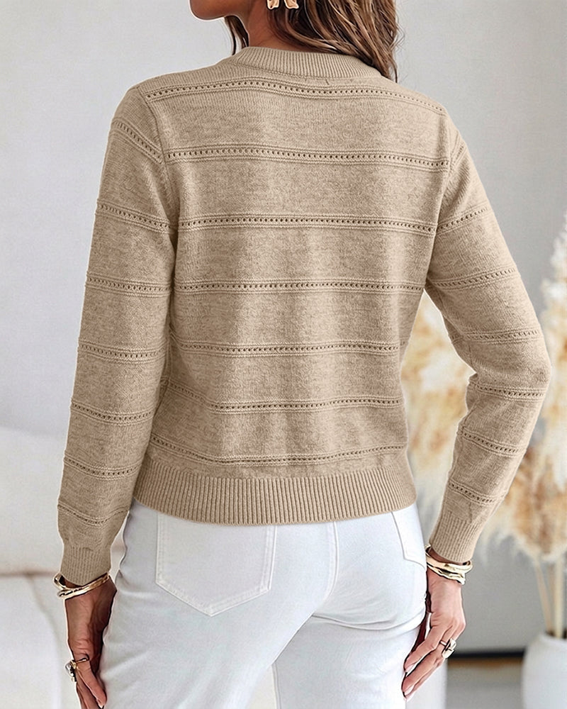 Pearl-Beaded Knit Cardigan with Open-Work Panels