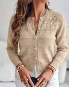 Pearl-Beaded Knit Cardigan with Open-Work Panels