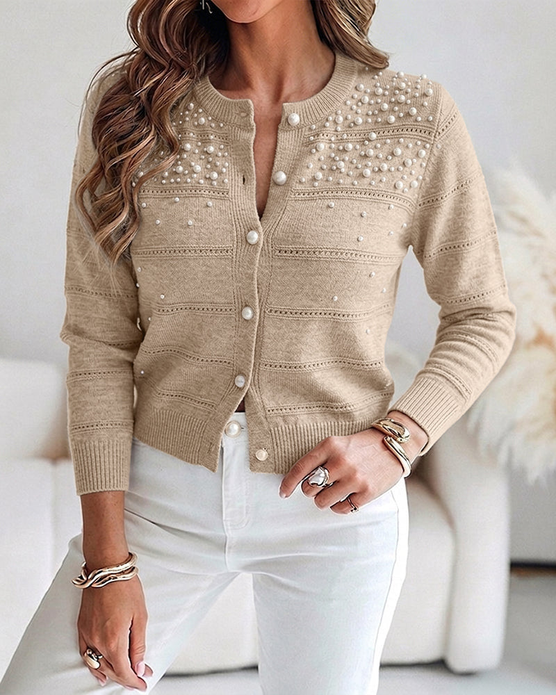 Pearl-Beaded Knit Cardigan with Open-Work Panels
