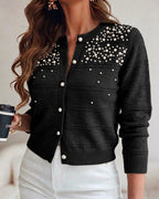 Pearl-Beaded Knit Cardigan with Open-Work Panels - Black
