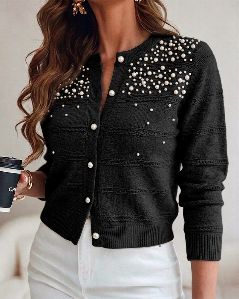 Pearl-Beaded Knit Cardigan with Open-Work Panels - Black