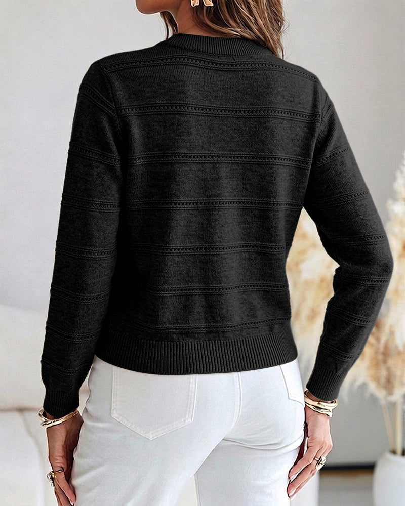 Pearl-Beaded Knit Cardigan with Open-Work Panels