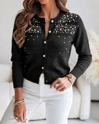 Pearl-Beaded Knit Cardigan with Open-Work Panels