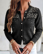 Pearl-Beaded Knit Cardigan with Open-Work Panels