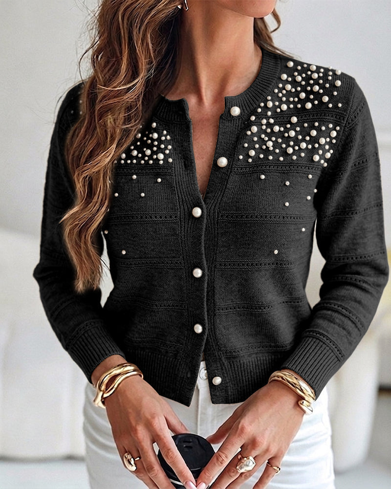 Pearl-Beaded Knit Cardigan with Open-Work Panels
