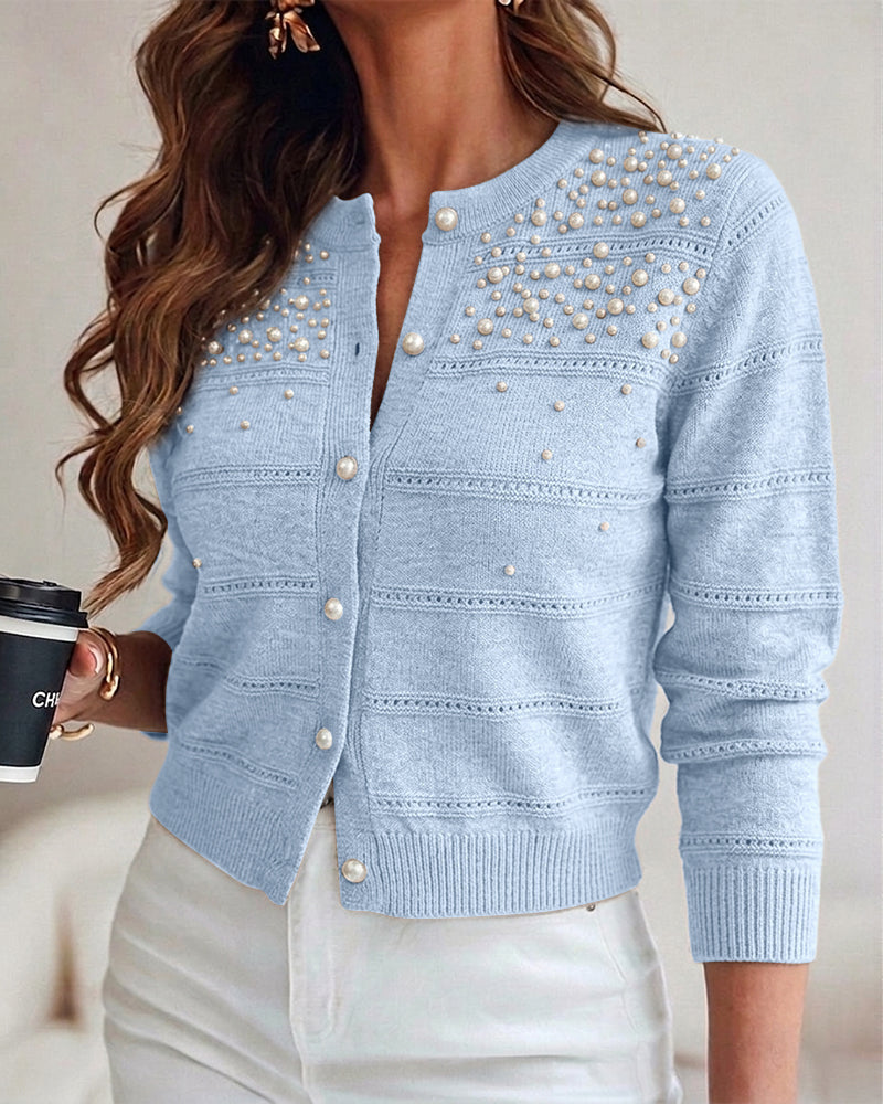 Pearl-Beaded Knit Cardigan with Open-Work Panels - Light Blue