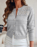Pearl-Beaded Knit Cardigan with Open-Work Panels - Gray