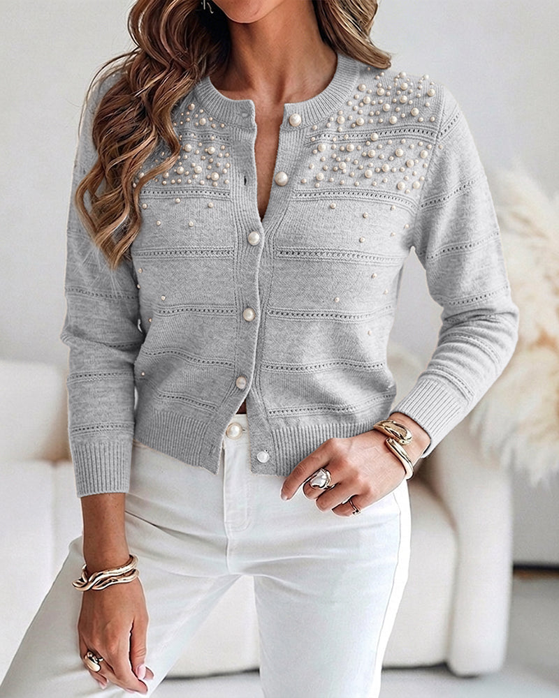 Pearl-Beaded Knit Cardigan with Open-Work Panels