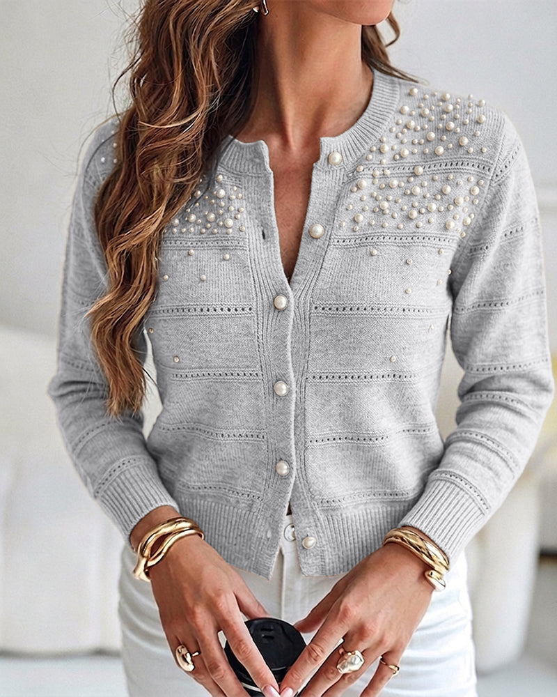 Pearl-Beaded Knit Cardigan with Open-Work Panels
