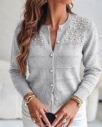 Pearl-Beaded Knit Cardigan with Open-Work Panels