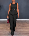 Peplum Top and Wide-Leg Trouser Set with Belt - Black