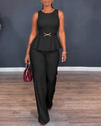 Peplum Top and Wide-Leg Trouser Set with Belt - Black