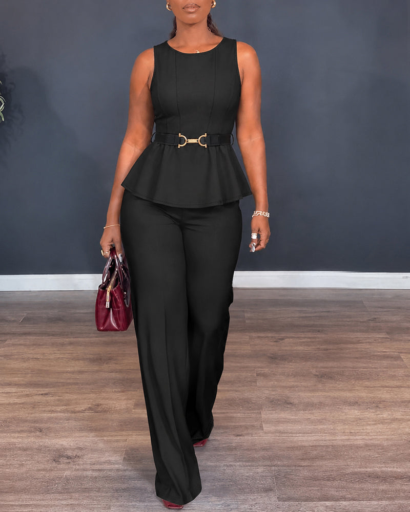 Peplum Top and Wide-Leg Trouser Set with Belt - Black