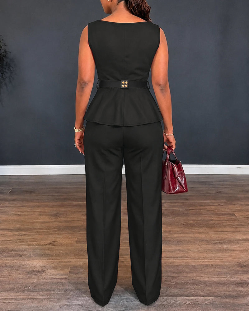 Peplum Top and Wide-Leg Trouser Set with Belt - Black