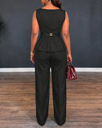 Peplum Top and Wide-Leg Trouser Set with Belt - Black