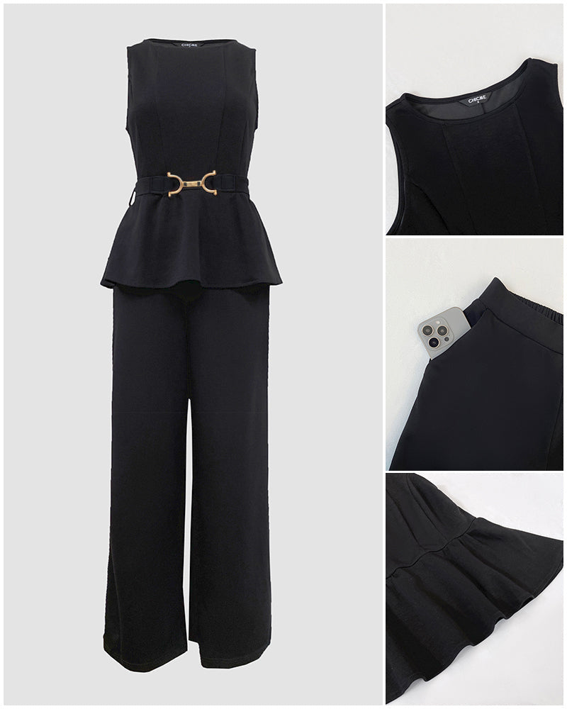 Peplum Top and Wide-Leg Trouser Set with Belt - Black