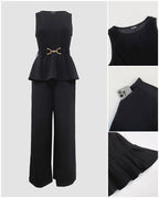 Peplum Top and Wide-Leg Trouser Set with Belt - Black