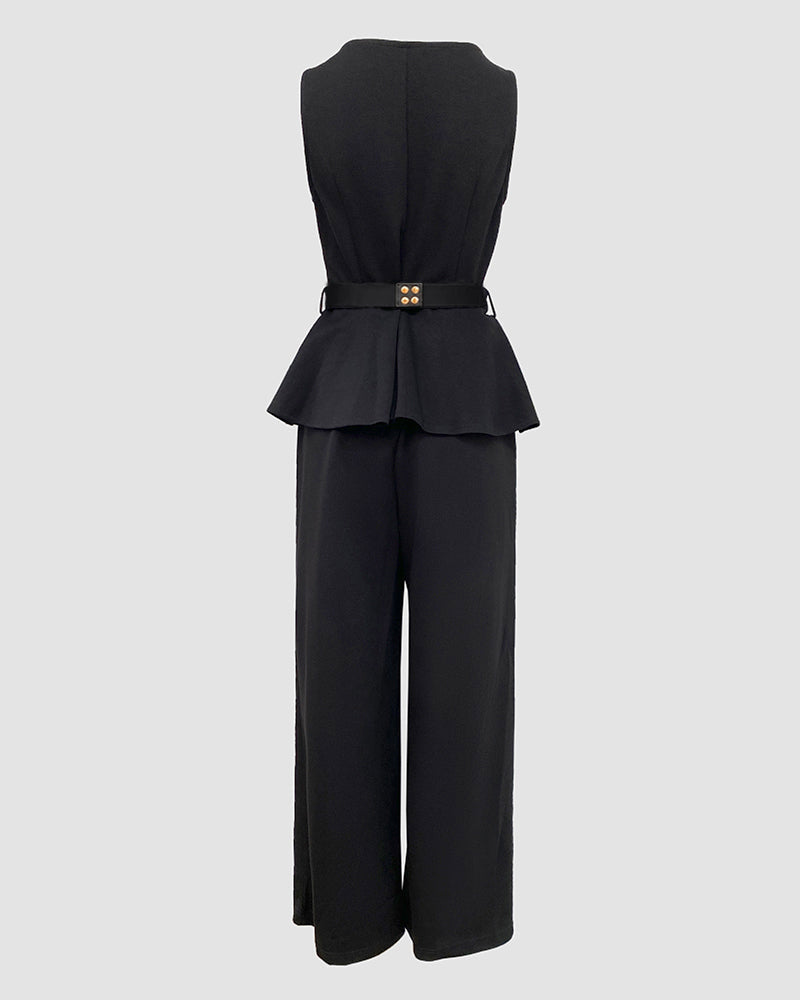 Peplum Top and Wide-Leg Trouser Set with Belt - Black