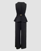 Peplum Top and Wide-Leg Trouser Set with Belt - Black