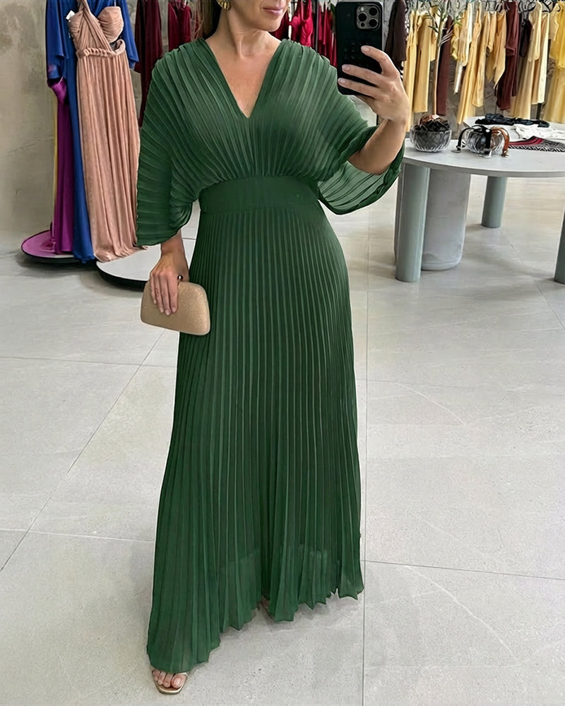 Pleated Maxi Dress with Deep V Neck and Batwing Sleeve - Black