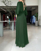 Pleated Maxi Dress with Deep V Neck and Batwing Sleeve - Black