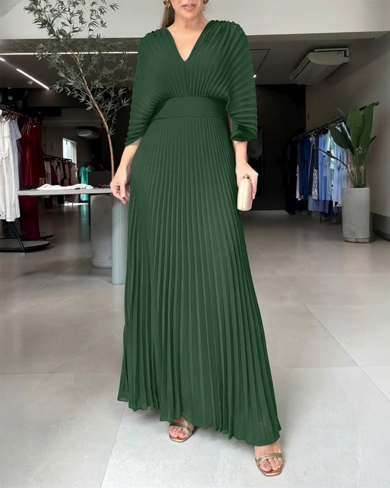 Pleated Maxi Dress with Deep V Neck and Batwing Sleeve - Black