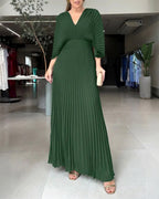 Pleated Maxi Dress with Deep V Neck and Batwing Sleeve - Black