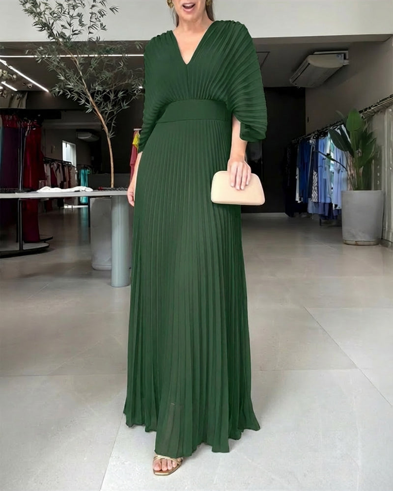 Pleated Maxi Dress with Deep V Neck and Batwing Sleeve - Black