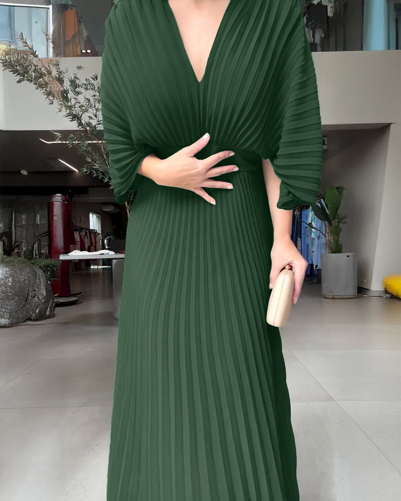 Pleated Maxi Dress with Deep V Neck and Batwing Sleeve - Black