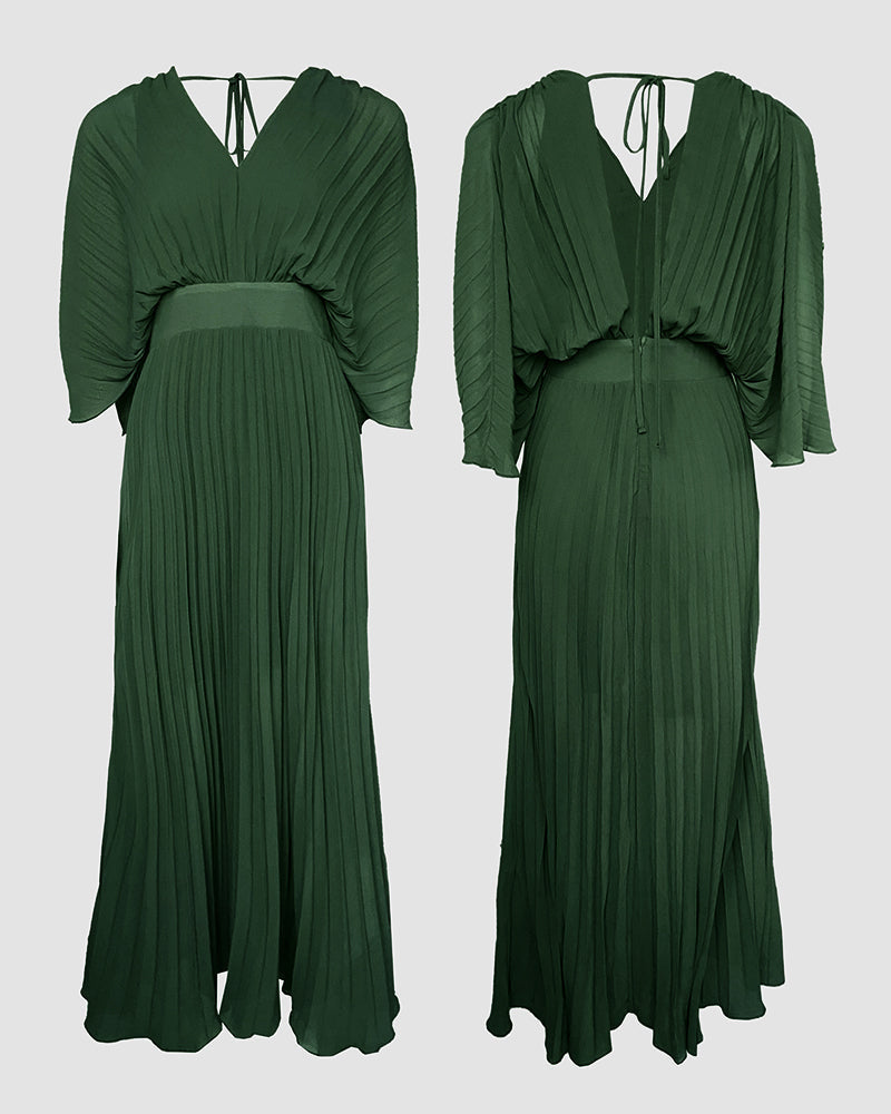 Pleated Maxi Dress with Deep V Neck and Batwing Sleeve - Black