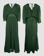Pleated Maxi Dress with Deep V Neck and Batwing Sleeve - Black