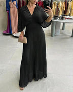 Pleated Maxi Dress with Deep V Neck and Batwing Sleeve - Black