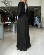 Pleated Maxi Dress with Deep V Neck and Batwing Sleeve - Black