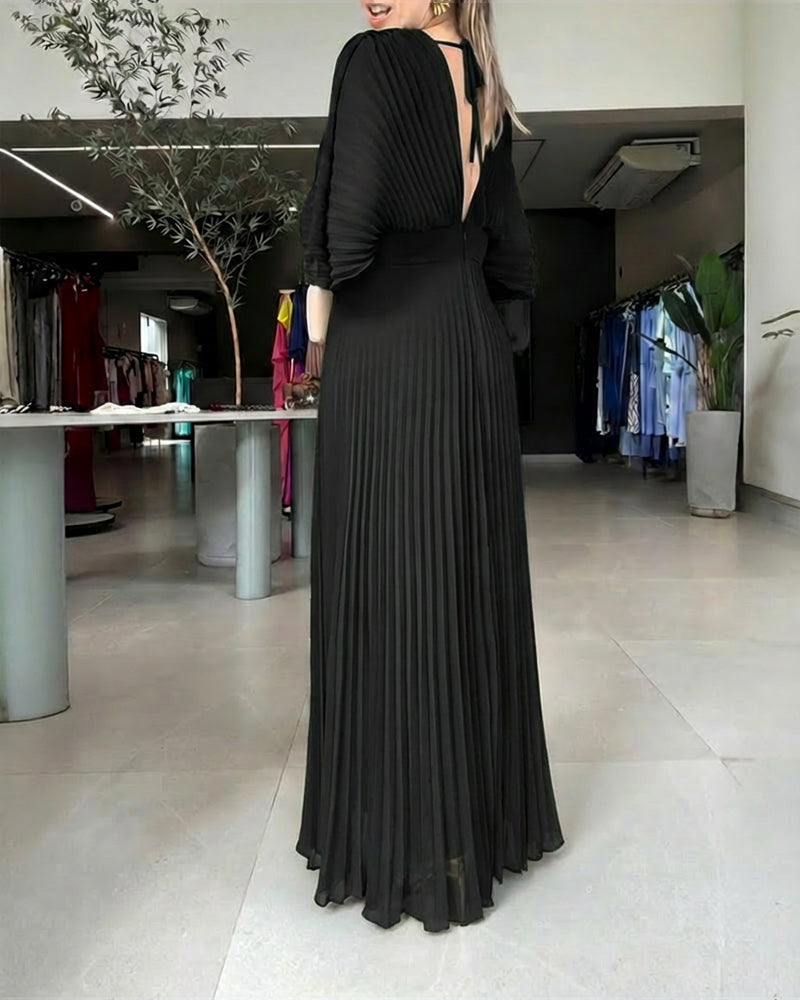 Pleated Maxi Dress with Deep V Neck and Batwing Sleeve - Black