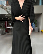 Pleated Maxi Dress with Deep V Neck and Batwing Sleeve - Black