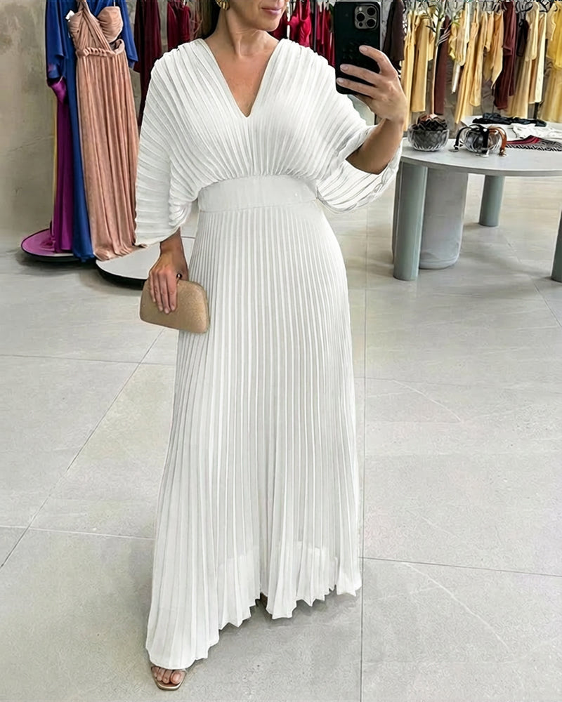 Pleated Maxi Dress with Deep V Neck and Batwing Sleeve - Black