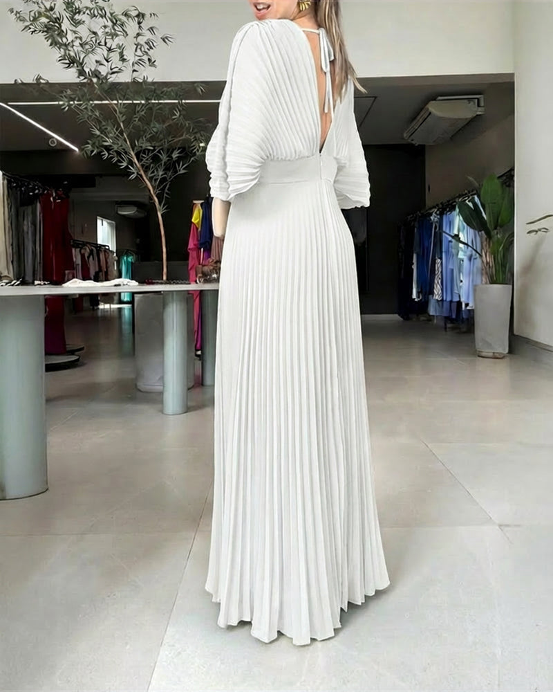 Pleated Maxi Dress with Deep V Neck and Batwing Sleeve - Black