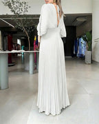 Pleated Maxi Dress with Deep V Neck and Batwing Sleeve - Black