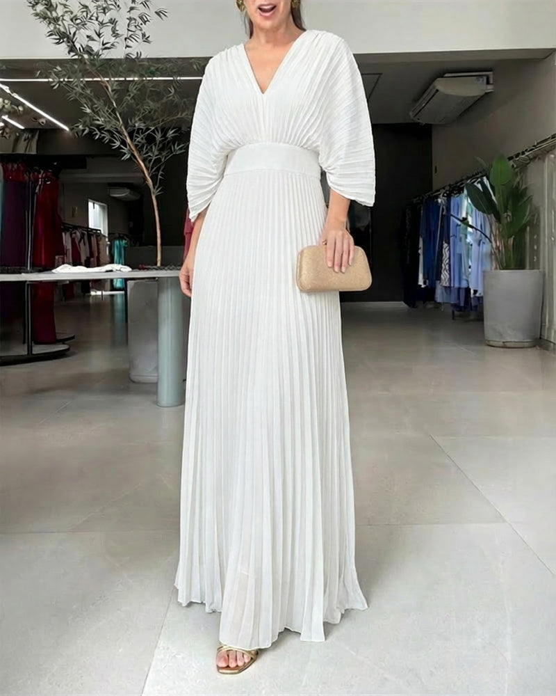 Pleated Maxi Dress with Deep V Neck and Batwing Sleeve - Black