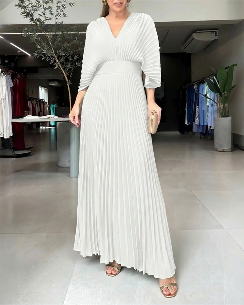 Pleated Maxi Dress with Deep V Neck and Batwing Sleeve - Black