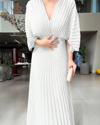 Pleated Maxi Dress with Deep V Neck and Batwing Sleeve - Black