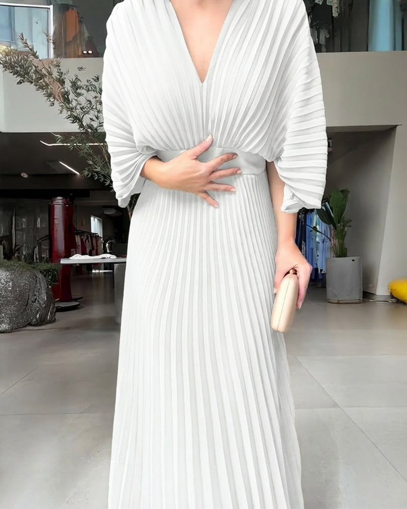 Pleated Maxi Dress with Deep V Neck and Batwing Sleeve - Black