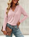 Pleated V-Neck Long-Sleeve Top with Button Detail - Light Pink