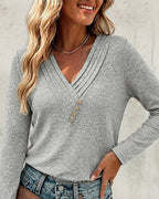 Pleated V-Neck Long-Sleeve Top with Button Detail