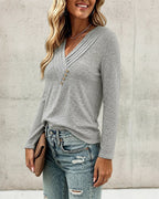Pleated V-Neck Long-Sleeve Top with Button Detail