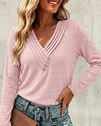 Pleated V-Neck Long-Sleeve Top with Button Detail