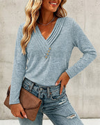 Pleated V-Neck Long-Sleeve Top with Button Detail - Light Blue